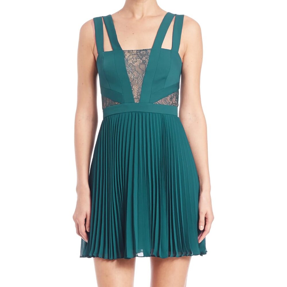 BCBGMAXAZRIA Tenzin Lace-Inset Pleated Cocktail Mini Dress Dark Teal | Women's 2